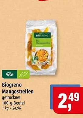 Biogreno Mangostreifen getrocknet 100-g-Beutel