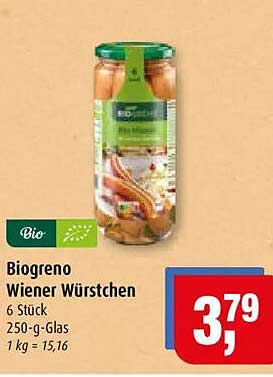 Biogreno Wiener Würstchen 6 Stück 250-g-Glas 1 kg = 15,16