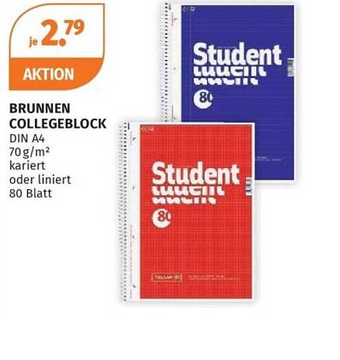 BRUNNEN COLLEGEBLOCK DIN A4 70 g/m² kariert oder liniert 80 Blatt