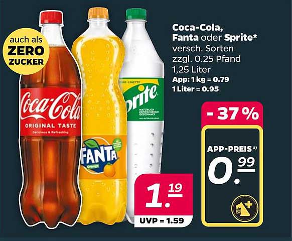 Coca-Cola, Fanta oder Sprite* versch. Sorten zzgl. 0.25 Pfand 1,25 Liter App: 1 kg = 0.79 1 Liter = 0.95