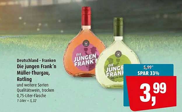 Deutschland - Franken Die jungen Frank’n Müller-Thurgau, Rotling und weitere Sorten Qualitätswein, trocken 0,75-Liter-Flasche 1 Liter = 5,32