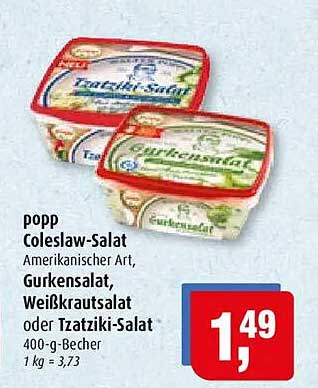 DODD Coleslaw-Salat, Amerikanischer Art, Gurkensalat, Weißkrautsalat oder Tzatziki-Salat 400-g-Becher