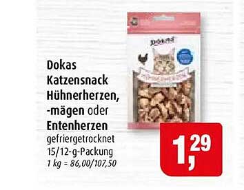 Dokas Katzensnack Hühnerherzen, -mägen oder Entenherzen gefriergetrocknet 15/12-g-Packung