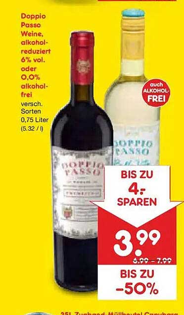 Doppio Passo Weine, alkoholreduziert 6% vol. oder 0,0% alkoholfrei, versch. Sorten 0,75 Liter (5.32 / l)