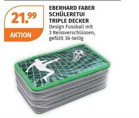 EBERHARD FABER SCHÜLERETUI TRIPLE DECKER Design Fussball mit 3 Reissverschlüssen, gefüllt 36-teilig