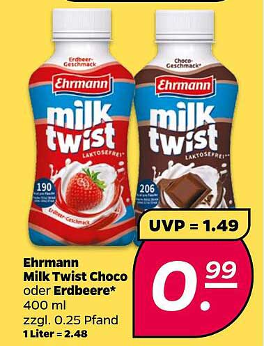 Ehrmann Milk Twist Choco oder Erdbeere* 400 ml zzgl. 0.25 Pfand 1 Liter = 2.48