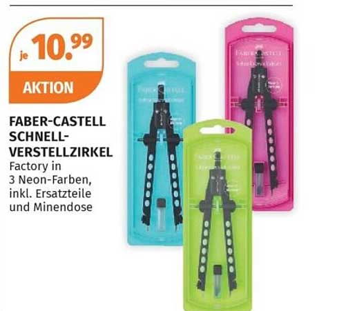 FABER-CASTELL SCHNELL-VERSTELLZIRKEL Factory in 3 Neon-Farben, inkl. Ersatzteile und Minendose