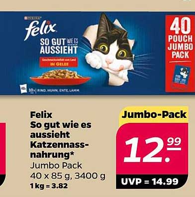 Felix So gut wie es aussieht Katzennassnahrung* Jumbo Pack 40 x 85 g, 3400 g