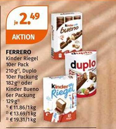 FERRERO Kinder Riegel 10er Pack 210 g¹, Duplo 10er Packung 182 g²) oder Kinder Bueno 6er Packung 129 g³