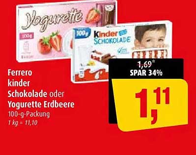 Ferrero kinder Schokolade oder Yogurette Erdbeere 100-g-Packung