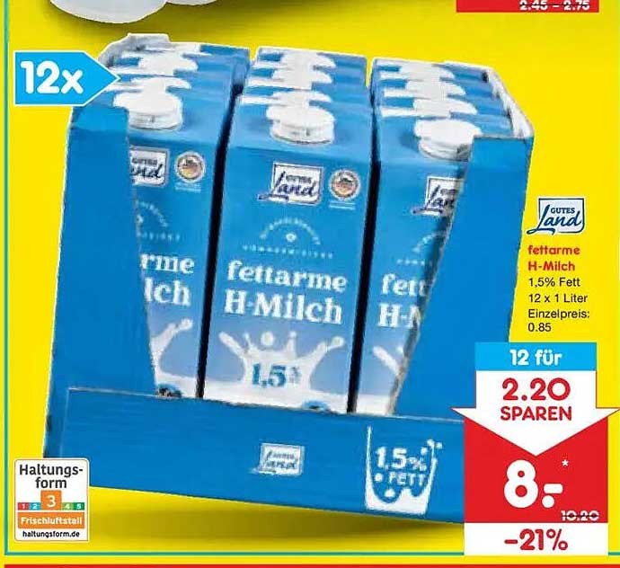 fettarme H-Milch 1,5% Fett 12 x 1 Liter