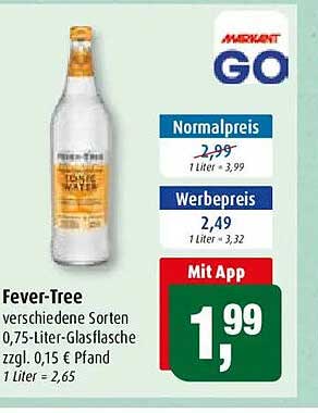 Fever-Tree verschiedene Sorten 0,75-Liter-Glasflasche zzgl. 0,15 € Pfand 1 Liter = 2,65