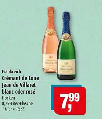 Frankreich Crémant de loire Jean de Villaret blanc oder rosé trocken 0,75-Liter-Flasche