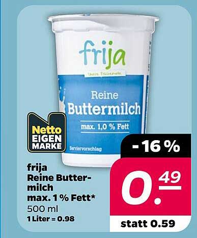 frija Reine Buttermilch max. 1 % Fett* 500 ml