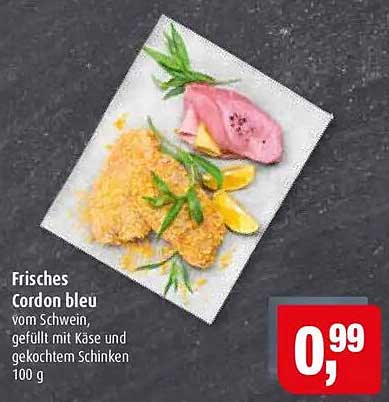 Frisches Cordon bleu vom Schwein, gefüllt mit Käse und gekochtem Schinken 100 g