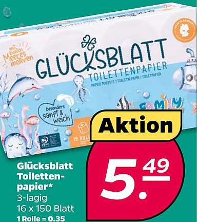 Glücksblatt Toilettenpapier* 3-lagig 16 x 150 Blatt 1 Rolle = 0,35