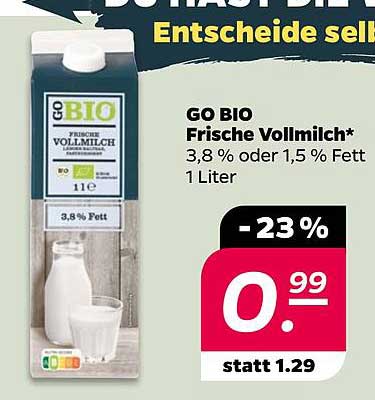GO BIO Frische Vollmilch* 3,8 % oder 1,5 % Fett 1 Liter
