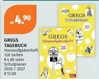 GREGS TAGEBUCH Hausaufgabenheft 128 Seiten € 4.90 oder Schulplaner 2026 / 2027 €12.00