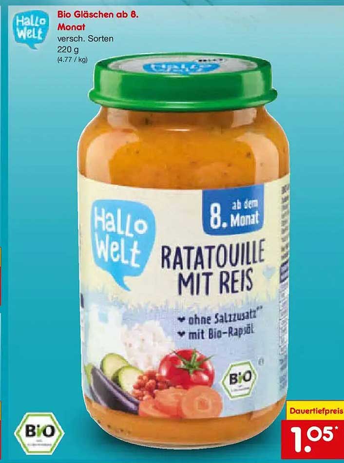 Hallo Welt Bio Gläschen ab 8. Monat Ratatouille mit Reis