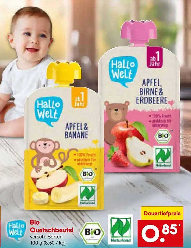 Hallo Welt Bio Quetschbeutel versch. Sorten 100 g