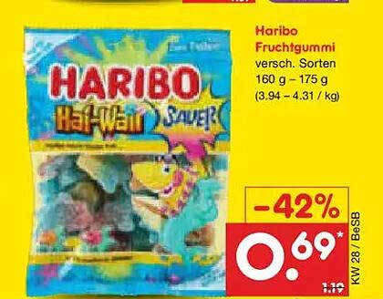 Haribo Fruchtgummi versch. Sorten 160 g - 175 g (3,94 - 4,31 / kg)