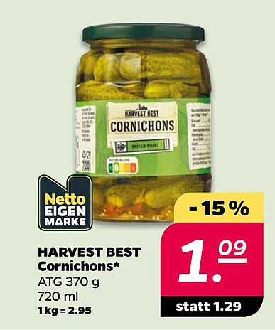 HARVEST BEST Cornichons* ATG 370 g 720 ml 1kg = 2.95
