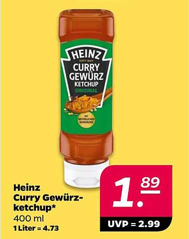Heinz Curry Gewürzketchup* 400 ml 1 Liter = 4.73