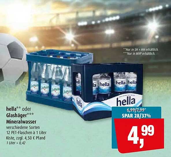 hella** oder Glashäger*** Mineralwasser verschiedene Sorten 12 PET-Flaschen à 1 Liter Kiste, zzgl. 4,50 € Pfand 1 Liter = 0,42