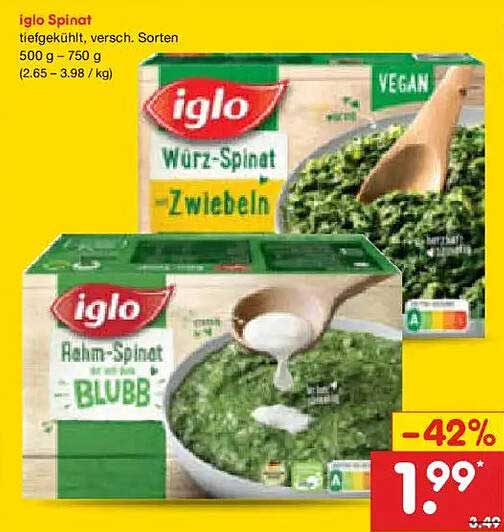 iglo Spinat tiefgekühlt, versch. Sorten 500 g - 750 g (2.65 - 3.98 / kg)