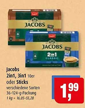 Jacobs 2in1, 3in1 10er oder Sticks verschiedene Sorten 36-124-g-Packung 1 kg = 16,05-55,28