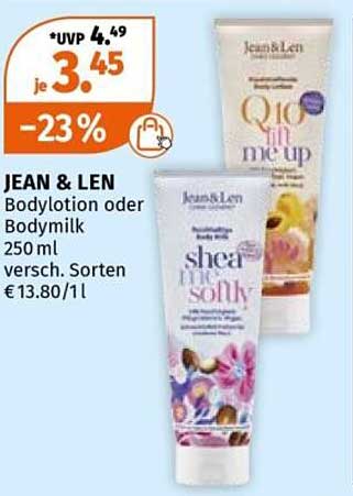 JEAN & LEN Bodylotion oder Bodynmilk 250 ml versch. Sorten € 13.80/1 l