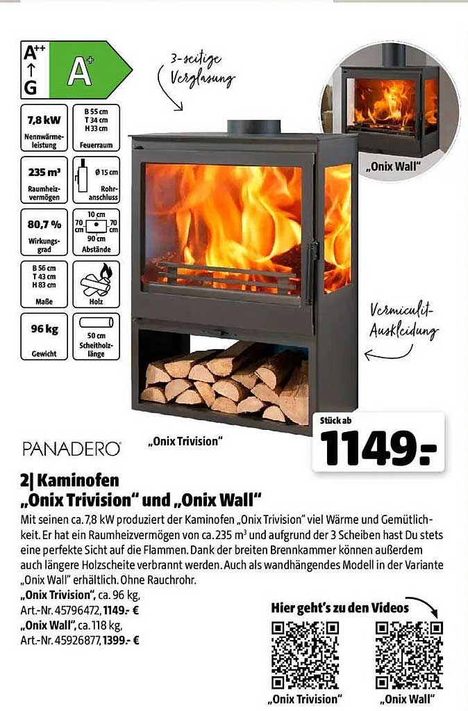 Kaminofen „Onix Trivision“ und „Onix Wall“