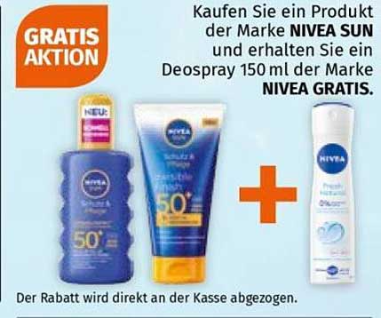 Kaufen Sie ein Produkt der Marke NIVEA SUN und erhalten Sie ein Deospray 150 ml der Marke NIVEA GRATIS.