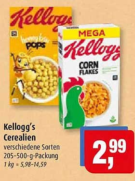 Kellogg’s Cerealien verschiedene Sorten 205-500-g-Packung 1 kg = 5,98-14,59