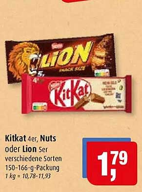 Kitkat 4er, Nuts oder Lion 5er verschiedene Sorten 150-166-g-Packung 1 kg = 10,78-11,93
