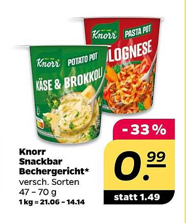 Knorr Snackbär Bechergericht* versch. Sorten 47 - 70 g 1kg = 21.06 - 14.14