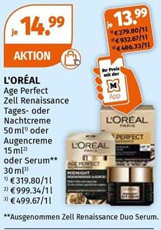 L'ORÉAL Age Perfect Zell Renaissance Tages- oder Nachtcreme 50 ml oder Augencreme 15 ml oder Serum 30 ml