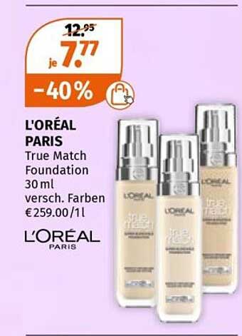 L'ORÉAL PARIS True Match Foundation 30 ml versch. Farben €259.00/1l