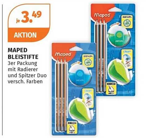 MAPED BLEISTIFTE 3er Packung mit Radierer und Spitzer Duo versch. Farben