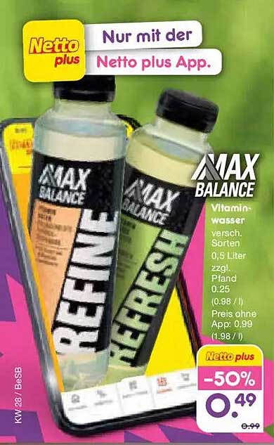 MAX BALANCE Vitamin wasser versch. Sorten, 0,5 Liter zzgl. Pfand