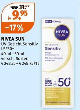 NIVEA SUN UV Gesichts Sensitiv LSF50+ 40 ml – 50 ml versch. Sorten