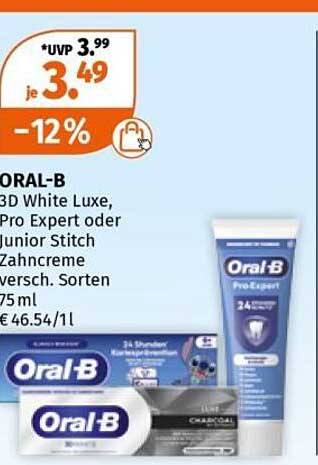 ORAL-B 3D White Luxe, Pro Expert oder Junior Stitch Zahncreme versch. Sorten 75 ml