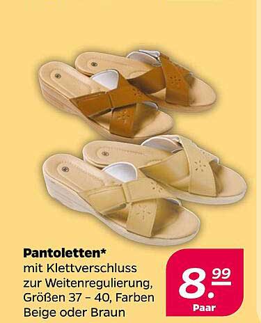 Pantolette* mit Klettverschluss zur Weitenregulierung, Größen 37 - 40, Farben Beige oder Braun