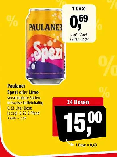 Paulaner Spezi oder Limo verschiedene Sorten teilweise koffeinhaltig 0,33-l-Dose je zzgl. 0,25 € Pfand 1 Liter = 1,89