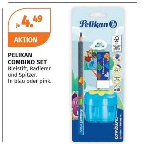 PELIKAN COMBINO SET Bleistift, Radierer und Spitzer. In blau oder pink.