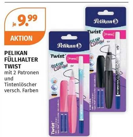 PELIKAN FÜLLHALTER TWIST mit 2 Patronen und Tintenlöscher versch. Farben