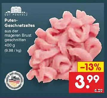 Puten-Geschnetzeltes aus der mageren Brust geschnitten 400 g (9.98 / kg)