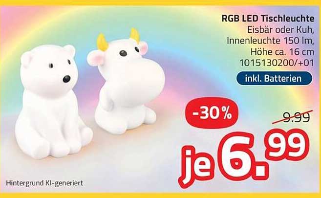 RGB LED Tischleuchte Eisbär oder Kuh, Innenleuchte 150 lm, Höhe ca. 16 cm 1015130200/+01 inkl. Batterien