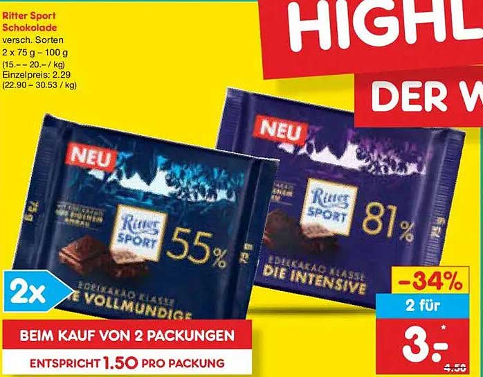 Ritter Sport Schokolade versch. Sorten 2 x 75 g – 100 g