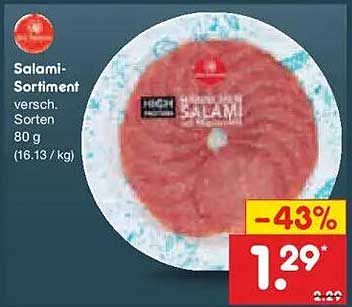 Salami-Sortiment verschied. Sorten 80 g (16,13 / kg)